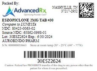 Eszopiclone 2mg Tab Qty 30 Ndc 80425 0063